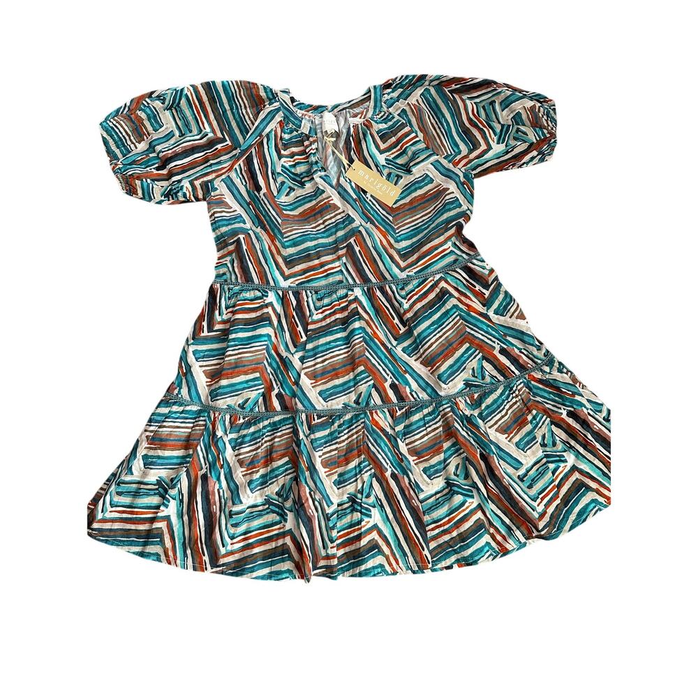 Marigold by Victoria Dunn Green striped mini v neck women's dress NWT
